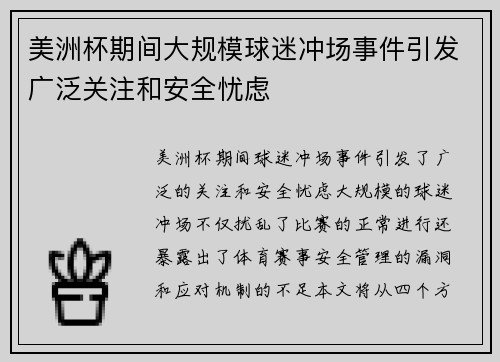 美洲杯期间大规模球迷冲场事件引发广泛关注和安全忧虑